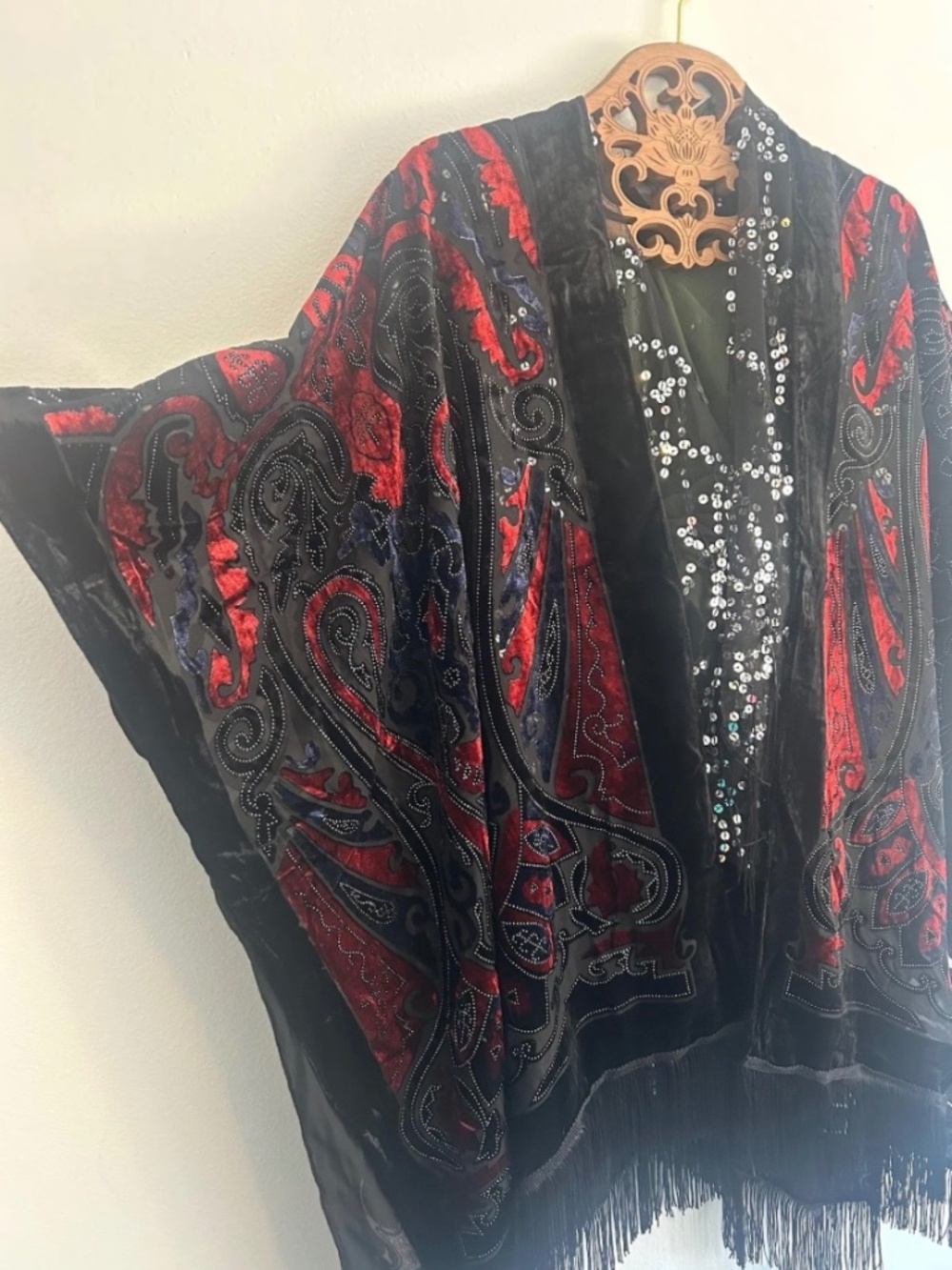 Gorgeous Red Black and Blue velvet, Art Deco, kimono, Burnout Kimono, night, dre